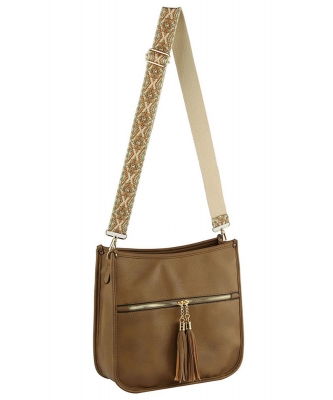 Tassel Zip Crossbody Bag with Aztec Guitar Strap DX0163 STONE